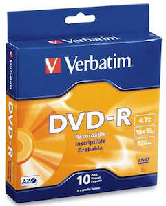 Media: Verbatim DVD-R 4.7GB 16x 10 Pack on Spindle