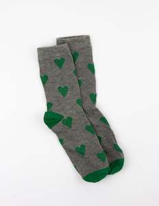 Socks: Stella + Gemma Socks - Grey with Emerald Hearts