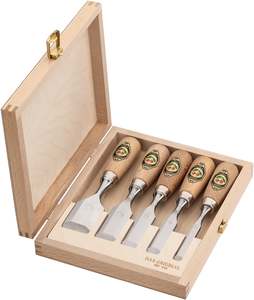 Wooden Handle Butt Chisel Set in wooden case 5pcs (Two Cherries)