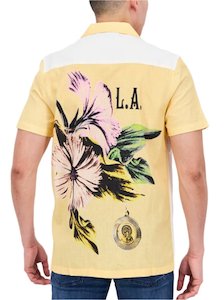 Clothing - Men: Linen Yellow & White LA Men's Bowling Shirt (Large)
