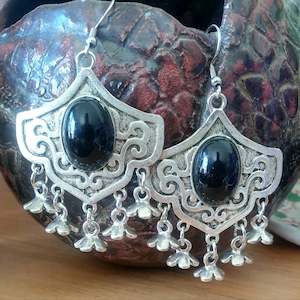 Earrings: Mexican Style Ethnic Silver & Black Earrings