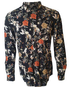 Mens Shirts: Black Floral Long Sleeved Mens Shirt (Medium)