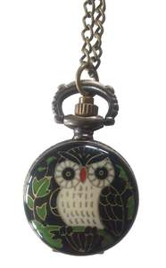Jewellery: Owl Enamelled Fob Watch Necklace (Black)