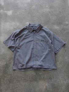 Vintage Blue Beige Check Cropped Shirt (L)