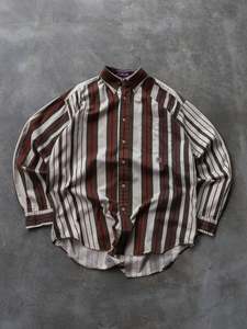 Vintage Cream & Burgundy Striped Tommy Hilfiger Shirt (L)