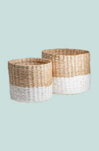 Baskets Natural Planters: White Base Cylinder Basket Planter Range - 2 Sizes