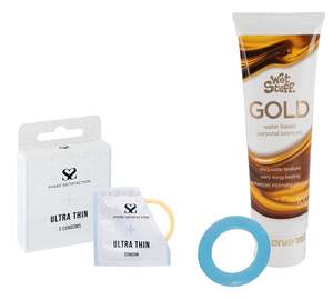 Share Satisfaction Ultra Thin 3 Pack Condoms, Wet Stuff Gold & Cock Ring Bundle