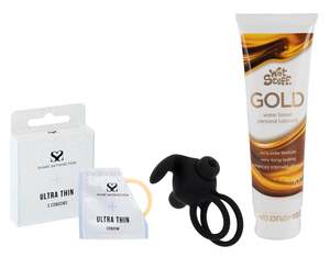 Cock Rings: Vibrating Cock Ring, Wet Stuff Gold & 3-Pack Condom Bundle