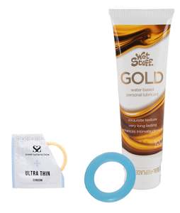 Cock Rings: Share Satisfaction Ultra Thin 12 Pack Condoms, Wet Stuff Gold & Cock Ring Bundle