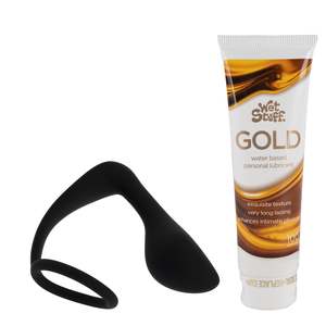 Anal Plug Cock Ring & Wet Stuff Gold Bundle