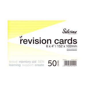 Silvine Tinted Revision Cards 6mm Ruled 152 x 102mm 50 Cards Yellow (NEW)