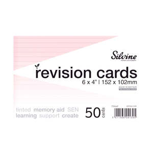 Silvine Tinted Revision Cards 6mm Ruled 152 x 102mm 50 Cards Pink (NEW)