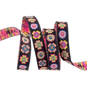 Ribbons Trims: Ribbon - Flowers on Black - 1/2"