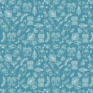 Kiwiana Fabric 1: Early Birds - Outline Blue