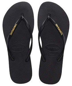 Womens Jandals Sandals Sliders: Havaianas Slim Logo Metallic Jandal - Black / Gold