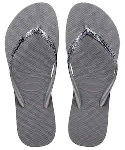 Womens Jandals Sandals Sliders: Havaianas Slim Glitter II Logo Metallic 5178 - Steel Grey