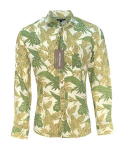 Mens Clothing: Mechmoto 100% Linen Print Shirt - Green