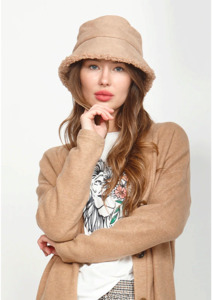 Womens Hats Beanies: Leo+Be Sherpa Bucket Hat - Camel