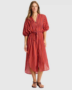 Sea Level Vacay Boho Long Shirt Dress - Spice Red