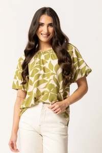 Womens Tops Shirts Blouses: Seeking Lola Haven Top - Avocado Leaf