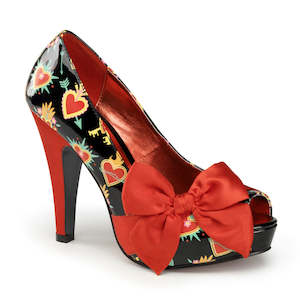 PLEASER PIN UP COUTURE BETTIE-13 BLK PAT-RED SATIN (SACRED HEARTS) - IN STOCK - ON SALE