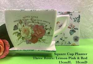 Gifts Decor: JGB - Square Cup Planter with Saucer 3 Roses: Lemon Pink Red