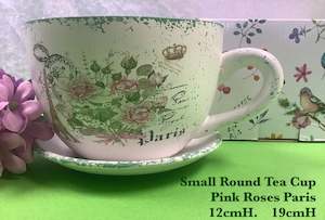 JGB - Small Round Cup Planter with Saucer Pink Roses Paris