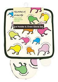 NZ Pot Holder & Oven Glove Set - Quirky Kiwis Beige