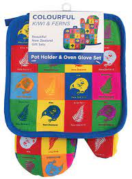 Sentimental: NZ Pot Holder & Oven Glove Set - Pop Art Fern & Kiwi