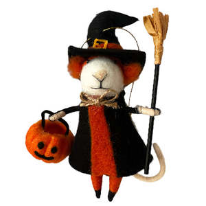 Halloween Felted Decoration - Mouse witch with broom