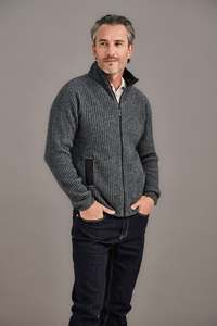 Leather Trim Possum Merino Rib Zip Jacket