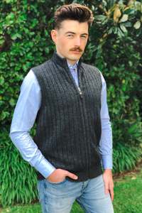 Mens Cardigans Vests: Rib Knit Possum Merino Zip Vest