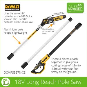 Gardening Power Tools: Bare Unit W/OUT batteries  - Dewalt 18V XR Brushless Pole Saw - DCMPS567N-XE
