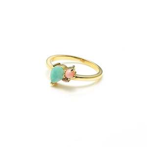 Silk and Steel | Bloom | Amozonite, Rose Quartz, Pink Opal | Gold Plated | Ring | Size P