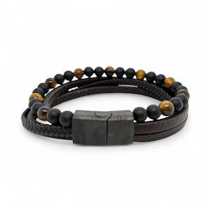 Revolution Steel, Leather & Onyx/Tiger's Eye Bead Bracelet
