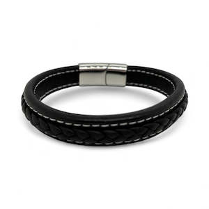 Black Leather Bracelet with Steel Clasp