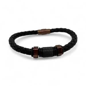 Revolution: Black Leather Bracelet & Steel Bronze-Coloured & Black Features.