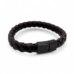 Maroon & Black Woven Leather and Steel Bracelet