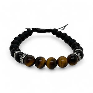 Revolution: Tigers eye and onyx bead bracelet with adjustable cord.