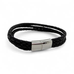 Black leather bracelet with three plaited ropes and stainless steel clasp.