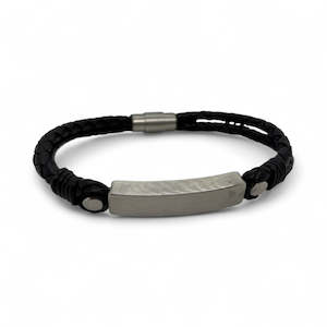 Black leather Bracelet with stainless steel engravable panel and safety clasp.