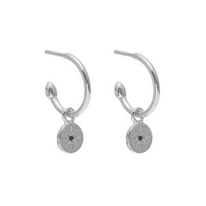 Silk & Steel Petite North Star Hoop Earrings Black Diamond + Silver