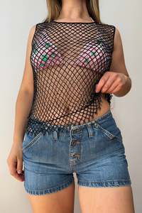 Beaded Crochet Tank Top Black | c. 167 | Size 12