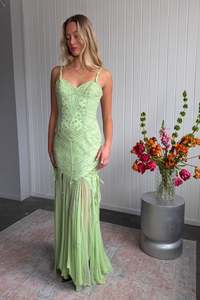 #169 Rare Beaded Silk Corset Gown Green | c. 208 | Size 10