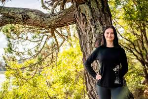 Womens Clothing Collection: Black Merino Scoop Neck Ladies Tee Shirt - Long Sleeve - Nikau Palm design