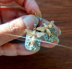 New Collection: Rectangle Timepiece Earrings with Large Golden Bees