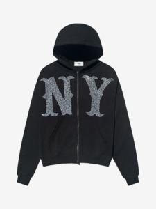 Sale: Prior NY Rhinestone Logo Oversized Cropped Zip Up Hoodie Onyx