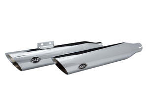 Exhaust Mufflers: 3-1/2in. Slash Cut Slip-On Mufflers - Chrome. Fits Softail Slim, Street Bob, Standard & Low Rider Models 2018-2024 & Breakout & Fat Boy 2018up - S&S
