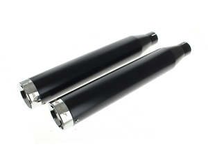 Exhaust Mufflers: 3in. Slip-On Mufflers - Black with Chrome End Caps. Fits Softail Deuce 2007 & Fat Boy 2007-2017 - Rinehart Exhaust