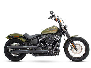 Mufflers Breakout: 3-1/2in. Slip-On Mufflers - Black with Black Contrast Cut End Caps. Fits Softail Slim, Street Bob, Standard & Low Rider Models 2018-2024 & Breakout & Fat Boy 2018up - Rinehart Exhaust